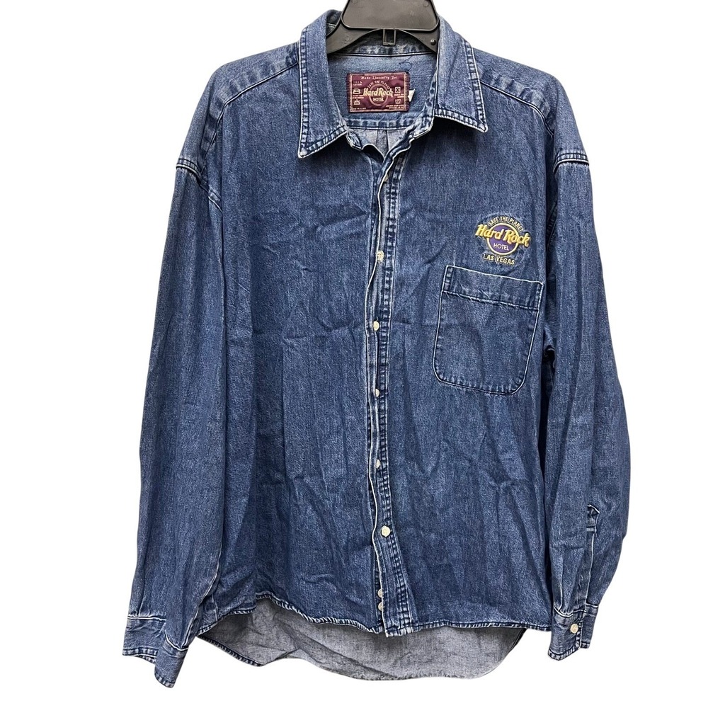 Hard Rock Hotel Las Vegas Denim Shirt Men's XL Blue Long Sleeve Button Down Logo